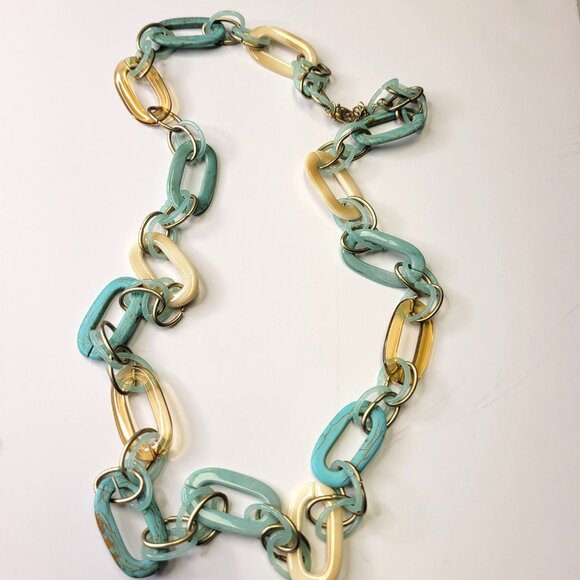 Two Tone Link Chain Necklace Blue and Beige Gold Chain Necklace - Picture 4 of 9